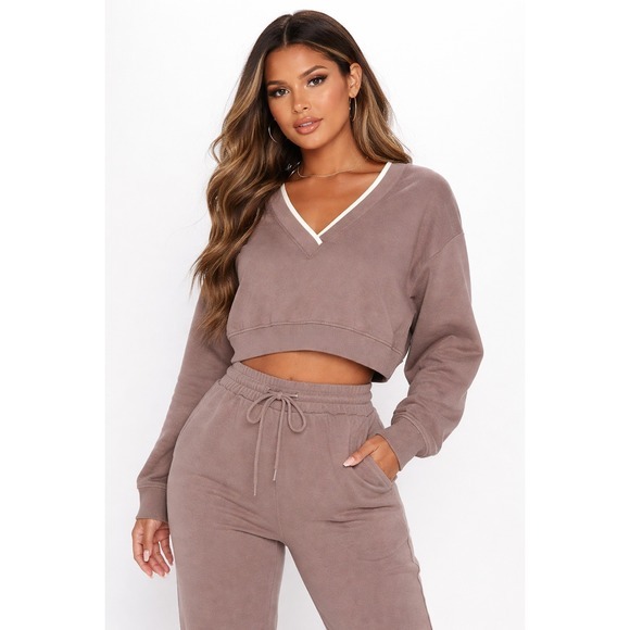 PINK Victoria's Secret Tops - PINK Victoria's‎ Secret Cropped V Neck Sweatshirt Brown XXL